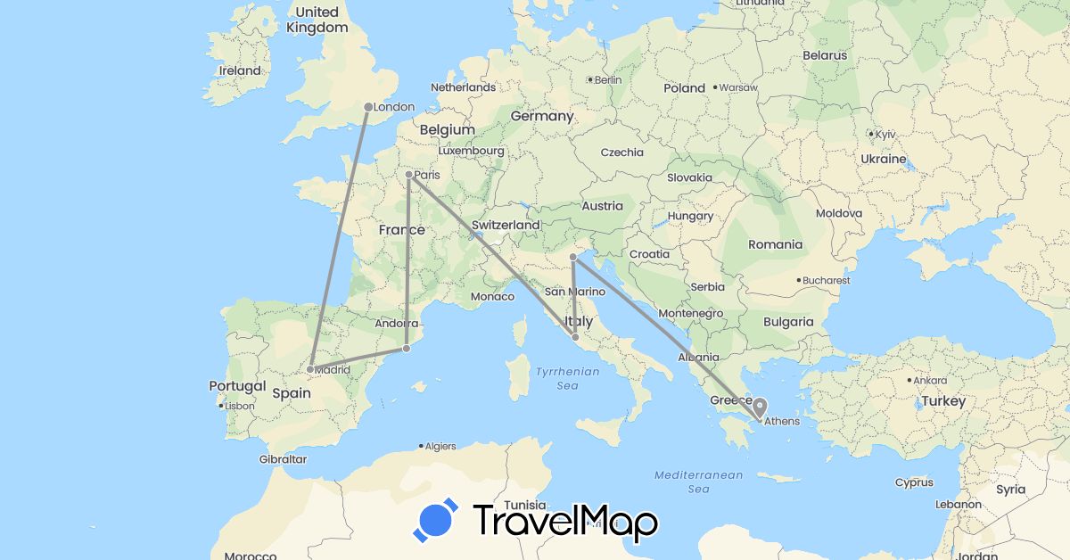 TravelMap itinerary: driving, plane in Spain, France, United Kingdom, Greece, Italy (Europe)